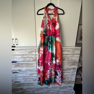 🌺 Bisou Bisou Floral Halter Maxi Dress Slit Boho Size 10